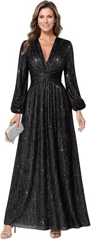 Long Sleeve Wedding Guest Dress Glitter Tulle Mother of The Bride Dresses for Women V Neck Formal Gown in Saudi Arabia