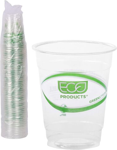 ECO PRODUCTS GreenStripe Clear Compostable 9oz PLA Plastic Cups, Case of 1000, Disposable Renewable Plant-Based Cold Cups, For Cold Drinks & Snacks, BPI Certified, ASTM Compliant. in Kuwait