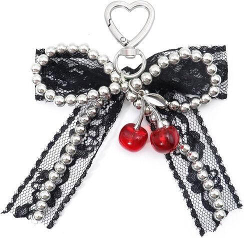 لطيف اللؤلؤ القوس المفاتيح، Atiofber الدانتيل Bowknot حقيبة سحر لحقائب اليد الشريط Keyrings محفظة حقيبة الظهر قلادة للمرأة in Saudi Arabia
