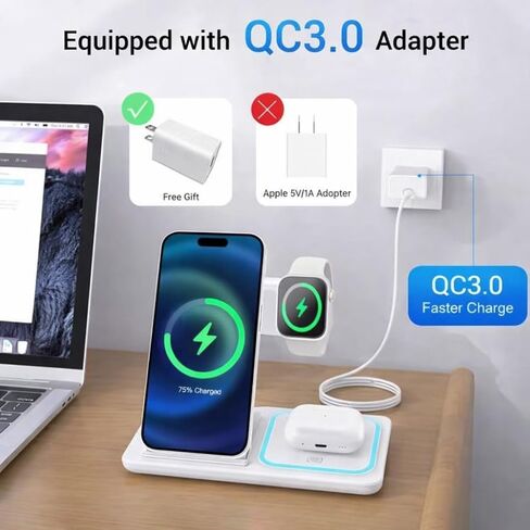 Fast Charging Wireless Charger Station 3 في 1 أجهزة متعددة Dock 15W متوافقة مع أي أجهزة ذات إمكانية الشحن اللاسلكية بما في ذلك الهاتف 16/15/14/13 Pro Max لمشاهدة سماعات الأذن. in Kuwait
