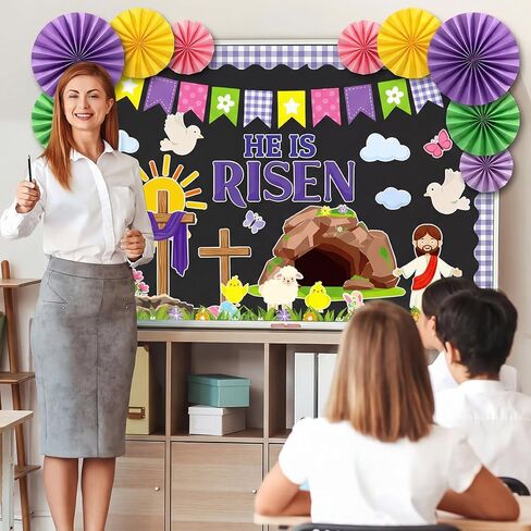 زخارف لوحة إعلانات عيد الفصح من Eersida مع مراوح ورقية ثلاثية الأبعاد لوحة إعلانات للفصل الدراسي لعيد الفصح المسيحي، وهي عبارة عن فتحات مرتفعة لديكور جدار نافذة المدرسة والكنيسة والسبورة in Saudi Arabia