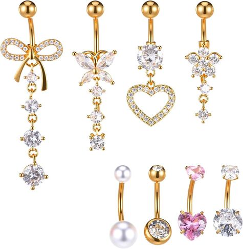 9Pcs Gold Belly Button Rings for Women, Surgical Stainless Steel Dangle Belly Button Piercing Jewelry, Cute Bow Butterfly Heart Flower Dangling Navel Piercing Jewelry for Women in Saudi Arabia