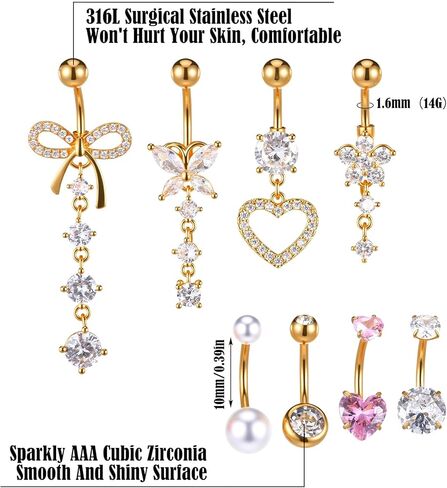 9Pcs Gold Belly Button Rings for Women, Surgical Stainless Steel Dangle Belly Button Piercing Jewelry, Cute Bow Butterfly Heart Flower Dangling Navel Piercing Jewelry for Women in Saudi Arabia
