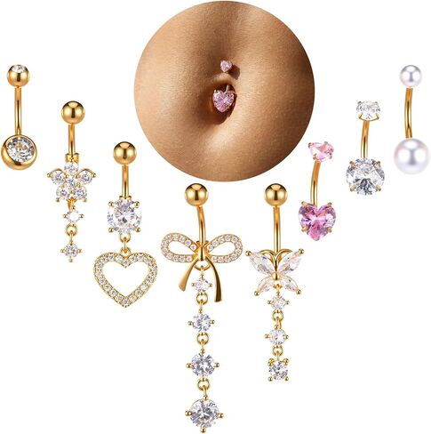 9Pcs Gold Belly Button Rings for Women, Surgical Stainless Steel Dangle Belly Button Piercing Jewelry, Cute Bow Butterfly Heart Flower Dangling Navel Piercing Jewelry for Women in Saudi Arabia