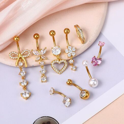 9Pcs Gold Belly Button Rings for Women, Surgical Stainless Steel Dangle Belly Button Piercing Jewelry, Cute Bow Butterfly Heart Flower Dangling Navel Piercing Jewelry for Women in Saudi Arabia