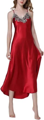 Womens Lace Trim Satin Nightdress V Neck Long Spaghetti Strap Sleep Dress Soft Breathable Lounge Wear in Saudi Arabia