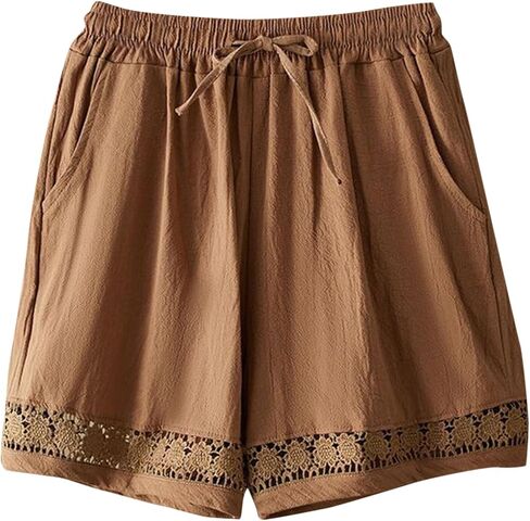 Linen Shorts for Women Casual Summer Beach Lace Floral Lounge Shorts High Waisted Elastic Drawstring Boho Pants in Kuwait