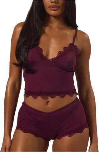 GORGLITTER Women's Lace Trim Pajamas 2 Piece Sleepwear Deep V Cami and Shorts Pjs Summer Loungewear in Saudi Arabia