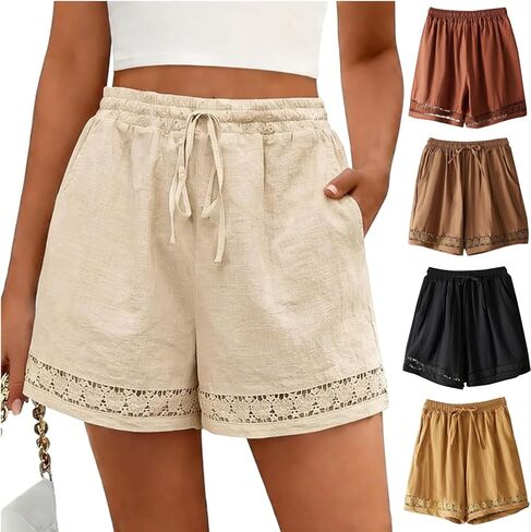 Linen Shorts for Women Casual Summer Beach Lace Floral Lounge Shorts High Waisted Elastic Drawstring Boho Pants in Saudi Arabia