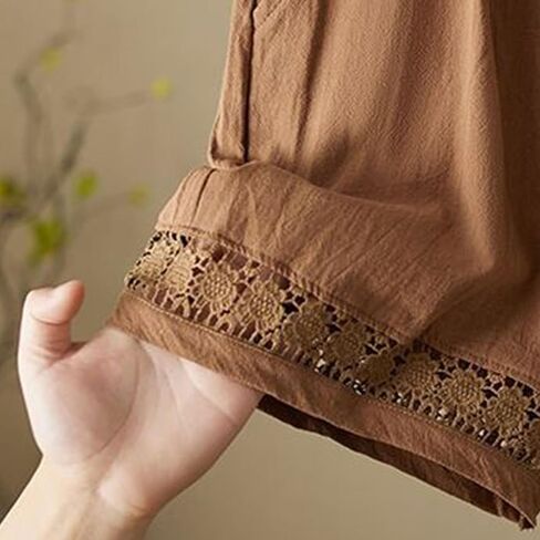 Linen Shorts for Women Casual Summer Beach Lace Floral Lounge Shorts High Waisted Elastic Drawstring Boho Pants in Saudi Arabia