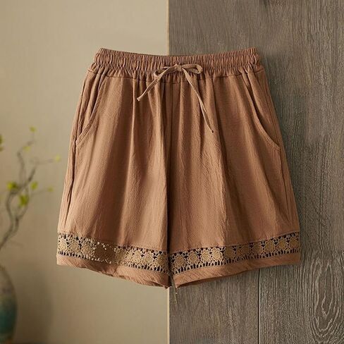 Linen Shorts for Women Casual Summer Beach Lace Floral Lounge Shorts High Waisted Elastic Drawstring Boho Pants in Saudi Arabia