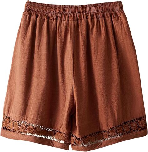 Linen Shorts for Women Casual Summer Beach Lace Floral Lounge Shorts High Waisted Elastic Drawstring Boho Pants in Saudi Arabia