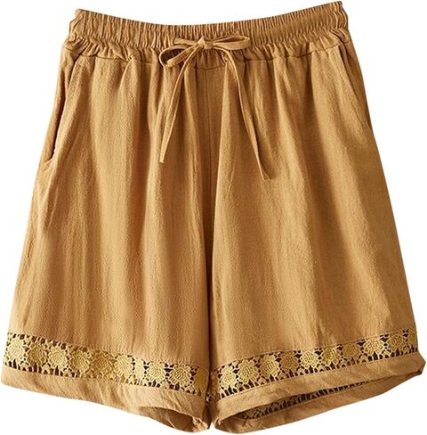 Linen Shorts for Women Casual Summer Beach Lace Floral Lounge Shorts High Waisted Elastic Drawstring Boho Pants in Saudi Arabia