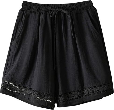 Linen Shorts for Women Casual Summer Beach Lace Floral Lounge Shorts High Waisted Elastic Drawstring Boho Pants in Saudi Arabia