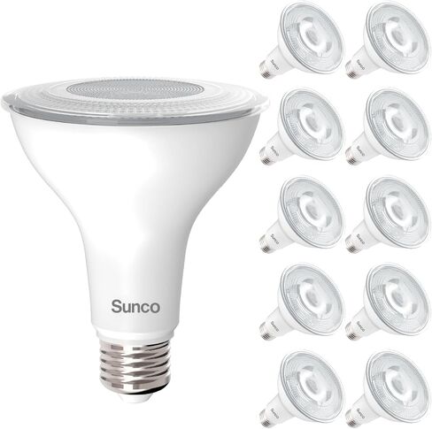 Sunco 10 عبوات PAR30 LED لمبات، ضوء فيضانات خارجي داخلي CRI90 75 وات يعادل 11 وات، قابل للتعتيم، ضوء نهاري 5000 كلفن، 850 لومن، قاعدة E26، تقييم رطب، فائق السطوع، IP65 مقاوم للماء - UL in Kuwait
