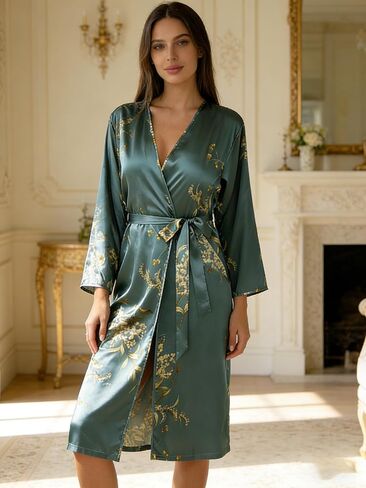 Women's Gown Pajamas,Teal Green Long Kimono Loungewear with Gold Floral Print, V-Neck Wrap Nightgown with Self-Tie Belt, Sleepwear Loungewear for Bridal Party(X-Large) in Saudi Arabia