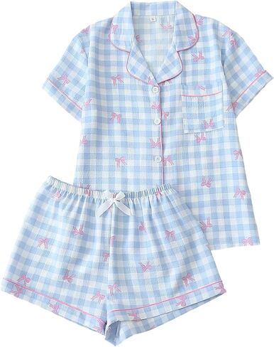 Women's 2 Piece Pajama Sets Summer Pajamas Cute Pj Set Lounge Matching Pjs Button Shirt with Shorts in Saudi Arabia