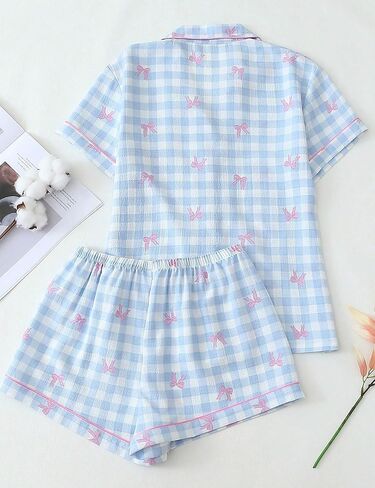 Women's 2 Piece Pajama Sets Summer Pajamas Cute Pj Set Lounge Matching Pjs Button Shirt with Shorts in Saudi Arabia