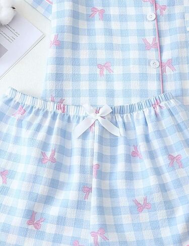 Women's 2 Piece Pajama Sets Summer Pajamas Cute Pj Set Lounge Matching Pjs Button Shirt with Shorts in Saudi Arabia