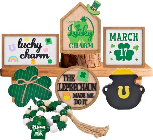 St. Patrick'S Day Decorations - 7pcs St. Patrick'S Day Tiered Tray Decor Set Wooden Shamrocks Wood Sign Irish Decor Bead Garland, St Patricks Day Table Decorations | St Pattys Day Decor for Home Party in Saudi Arabia