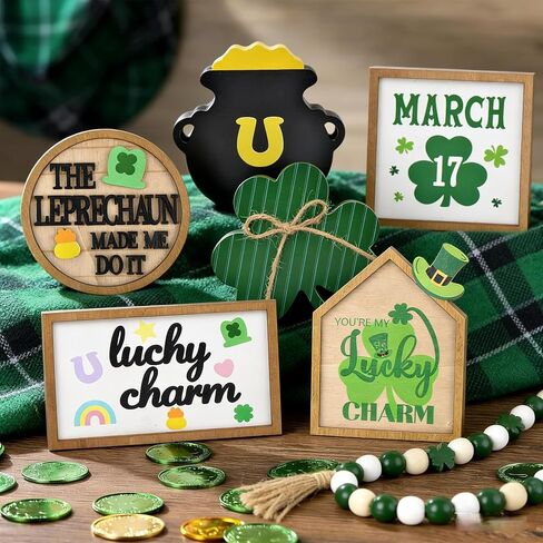 St. Patrick'S Day Decorations - 7pcs St. Patrick'S Day Tiered Tray Decor Set Wooden Shamrocks Wood Sign Irish Decor Bead Garland, St Patricks Day Table Decorations | St Pattys Day Decor for Home Party in Saudi Arabia