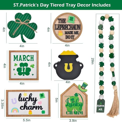 St. Patrick'S Day Decorations - 7pcs St. Patrick'S Day Tiered Tray Decor Set Wooden Shamrocks Wood Sign Irish Decor Bead Garland, St Patricks Day Table Decorations | St Pattys Day Decor for Home Party in Saudi Arabia