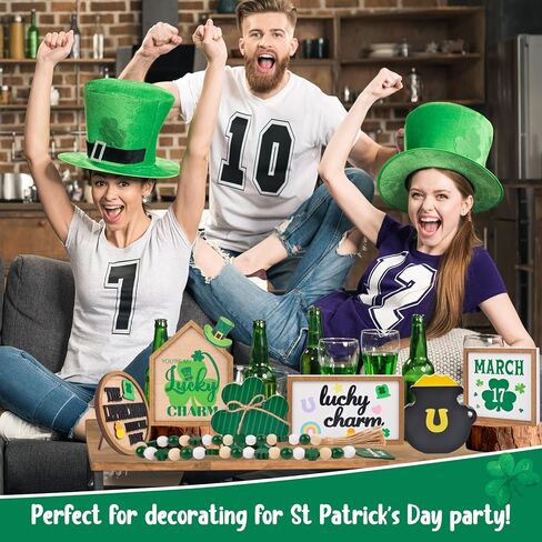 St. Patrick'S Day Decorations - 7pcs St. Patrick'S Day Tiered Tray Decor Set Wooden Shamrocks Wood Sign Irish Decor Bead Garland, St Patricks Day Table Decorations | St Pattys Day Decor for Home Party in Saudi Arabia