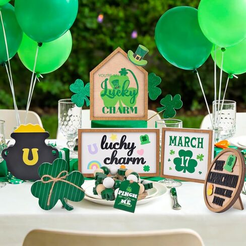 St. Patrick'S Day Decorations - 7pcs St. Patrick'S Day Tiered Tray Decor Set Wooden Shamrocks Wood Sign Irish Decor Bead Garland, St Patricks Day Table Decorations | St Pattys Day Decor for Home Party in Saudi Arabia
