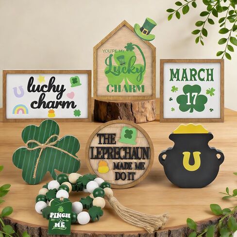 St. Patrick'S Day Decorations - 7pcs St. Patrick'S Day Tiered Tray Decor Set Wooden Shamrocks Wood Sign Irish Decor Bead Garland, St Patricks Day Table Decorations | St Pattys Day Decor for Home Party in Saudi Arabia