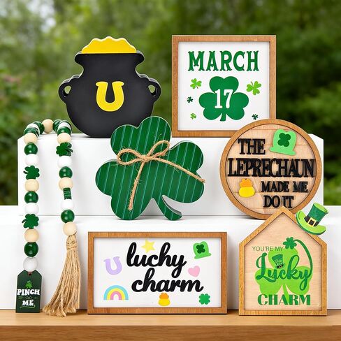 St. Patrick'S Day Decorations - 7pcs St. Patrick'S Day Tiered Tray Decor Set Wooden Shamrocks Wood Sign Irish Decor Bead Garland, St Patricks Day Table Decorations | St Pattys Day Decor for Home Party in Saudi Arabia