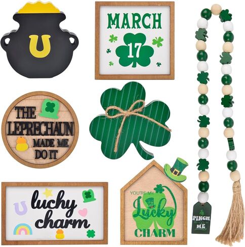 St. Patrick'S Day Decorations - 7pcs St. Patrick'S Day Tiered Tray Decor Set Wooden Shamrocks Wood Sign Irish Decor Bead Garland, St Patricks Day Table Decorations | St Pattys Day Decor for Home Party in Saudi Arabia