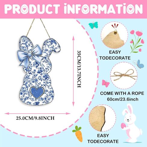 Easter Door Decorations, Easter Chinoiserie Bunny Decorations, Blue Bow Bunny Wood Hanging Sign for Home Porch Front Door Yard Party Bedroom Bathroom Office Outdoor Indoor Wall Decor in Saudi Arabia