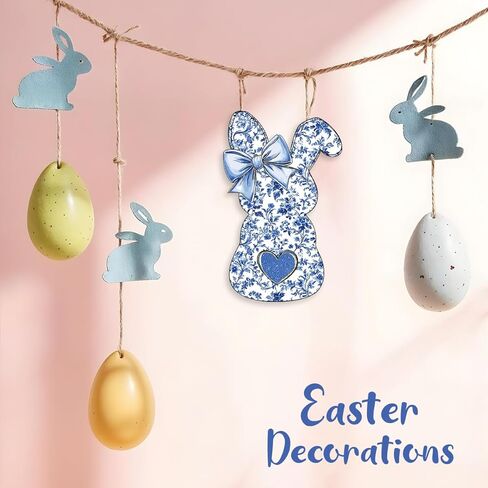 Easter Door Decorations, Easter Chinoiserie Bunny Decorations, Blue Bow Bunny Wood Hanging Sign for Home Porch Front Door Yard Party Bedroom Bathroom Office Outdoor Indoor Wall Decor in Saudi Arabia