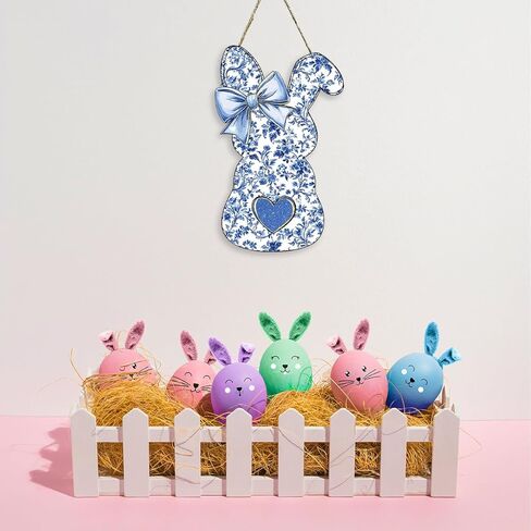 Easter Door Decorations, Easter Chinoiserie Bunny Decorations, Blue Bow Bunny Wood Hanging Sign for Home Porch Front Door Yard Party Bedroom Bathroom Office Outdoor Indoor Wall Decor in Saudi Arabia