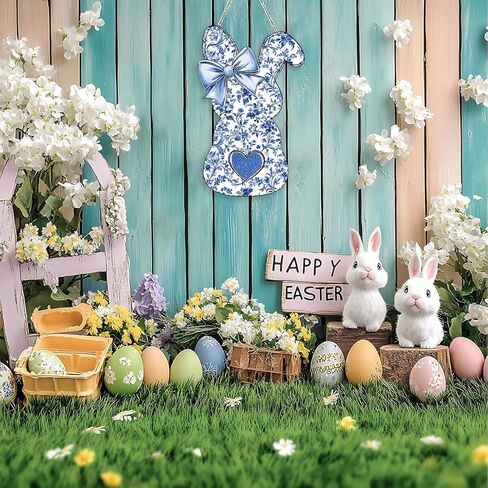 Easter Door Decorations, Easter Chinoiserie Bunny Decorations, Blue Bow Bunny Wood Hanging Sign for Home Porch Front Door Yard Party Bedroom Bathroom Office Outdoor Indoor Wall Decor in Saudi Arabia
