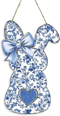 Easter Door Decorations, Easter Chinoiserie Bunny Decorations, Blue Bow Bunny Wood Hanging Sign for Home Porch Front Door Yard Party Bedroom Bathroom Office Outdoor Indoor Wall Decor in Saudi Arabia