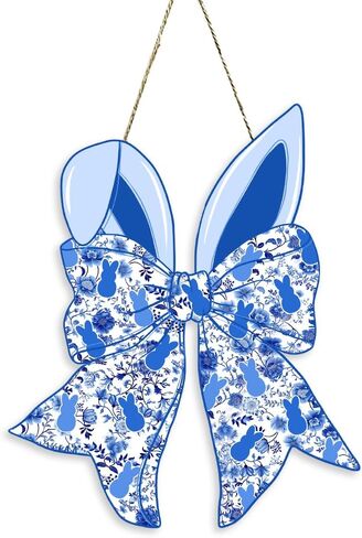 Easter Door Decorations, Easter Chinoiserie Bunny Decorations, Blue Bow Bunny Wood Hanging Sign for Home Porch Front Door Yard Party Bedroom Bathroom Office Outdoor Indoor Wall Decor in Saudi Arabia