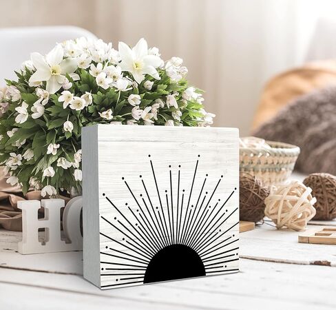 SRADMO Abstract Boho Black Sun Sunrise Sunset Sunshine Sunray Rustic Wood Box Sign Desk Decor, Boho Mid Century Modern Art Wooden Block Box Sign Decoration for Home Office Wall Shelf Table Decor in Saudi Arabia