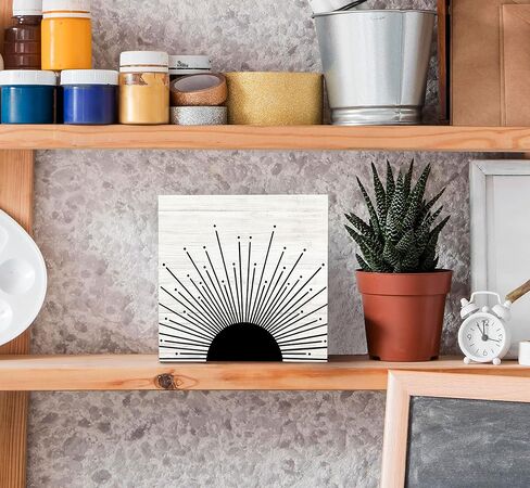 SRADMO Abstract Boho Black Sun Sunrise Sunset Sunshine Sunray Rustic Wood Box Sign Desk Decor, Boho Mid Century Modern Art Wooden Block Box Sign Decoration for Home Office Wall Shelf Table Decor in Saudi Arabia
