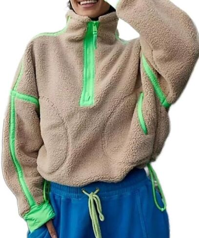 Womens Half Zip Fleece Jacket Oversized Sherpa Trendy Hoodie Long Sleeve Pullover Sweatshirt with Pockets in Saudi Arabia