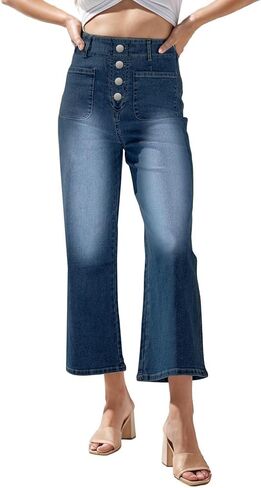 YOCUR Womens Cropped Jeans Elastic High Waist Crop Denim Flare Pants Wide Leg Button Patch Pockets Petite Capri Jeans in Kuwait