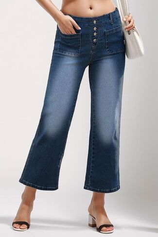 YOCUR Womens Cropped Jeans Elastic High Waist Crop Denim Flare Pants Wide Leg Button Patch Pockets Petite Capri Jeans in Saudi Arabia