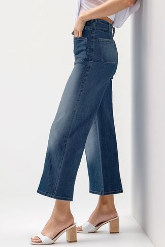 YOCUR Womens Cropped Jeans Elastic High Waist Crop Denim Flare Pants Wide Leg Button Patch Pockets Petite Capri Jeans in Saudi Arabia