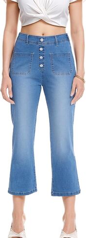YOCUR Womens Cropped Jeans Elastic High Waist Crop Denim Flare Pants Wide Leg Button Patch Pockets Petite Capri Jeans in Saudi Arabia
