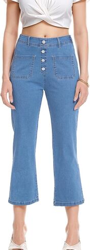 YOCUR Womens Cropped Jeans Elastic High Waist Crop Denim Flare Pants Wide Leg Button Patch Pockets Petite Capri Jeans in Saudi Arabia
