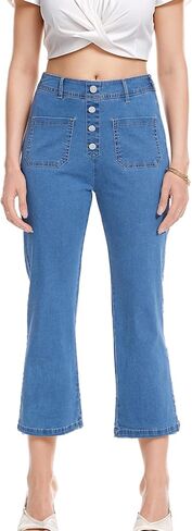 YOCUR Womens Cropped Jeans Elastic High Waist Crop Denim Flare Pants Wide Leg Button Patch Pockets Petite Capri Jeans in Saudi Arabia