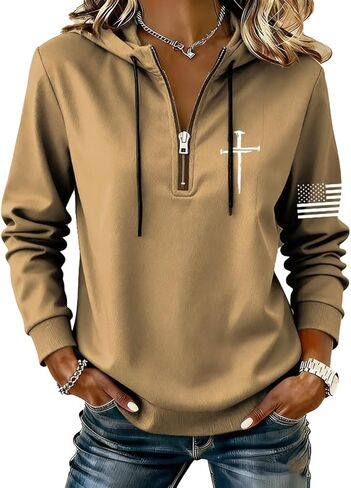سويت شيرت نسائي من نوع Retro Faith Cross بسحاب متقاطع مع العلم الأمريكي in Kuwait