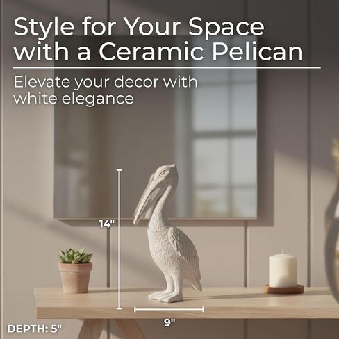 White Ceramic Pelican Statue - Contemporary Coastal Distressed White Decorative Pelican Sculpture for Home or Office Decor - Beach Theme Decor Table Accent in Kuwait