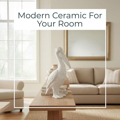 White Ceramic Pelican Statue - Contemporary Coastal Distressed White Decorative Pelican Sculpture for Home or Office Decor - Beach Theme Decor Table Accent in Kuwait