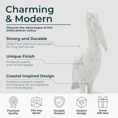 White Ceramic Pelican Statue - Contemporary Coastal Distressed White Decorative Pelican Sculpture for Home or Office Decor - Beach Theme Decor Table Accent in Kuwait